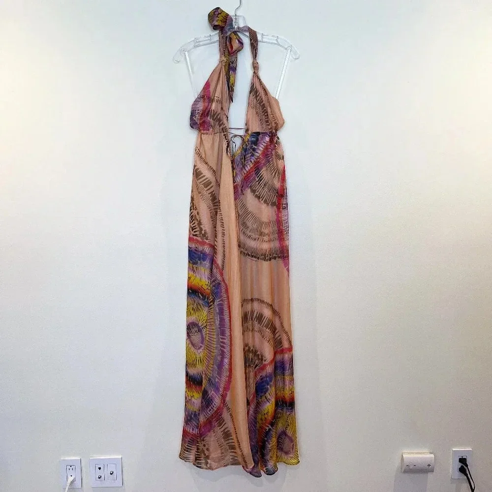 Alexis 100% Silk Colorful Adjustable Beach Resortwear Deep V Maxi Dress S NWT - Picture 3 of 12